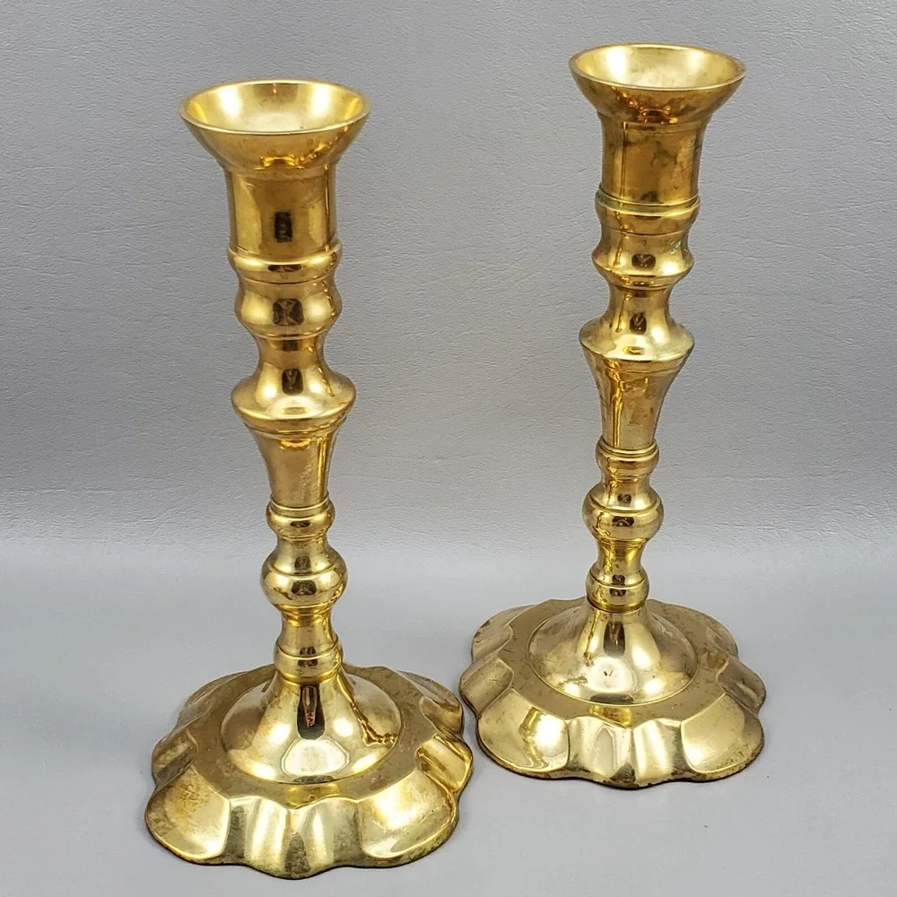 Brass Spindle Tapered Candlesticks Pair Scalloped Base MCM India 8